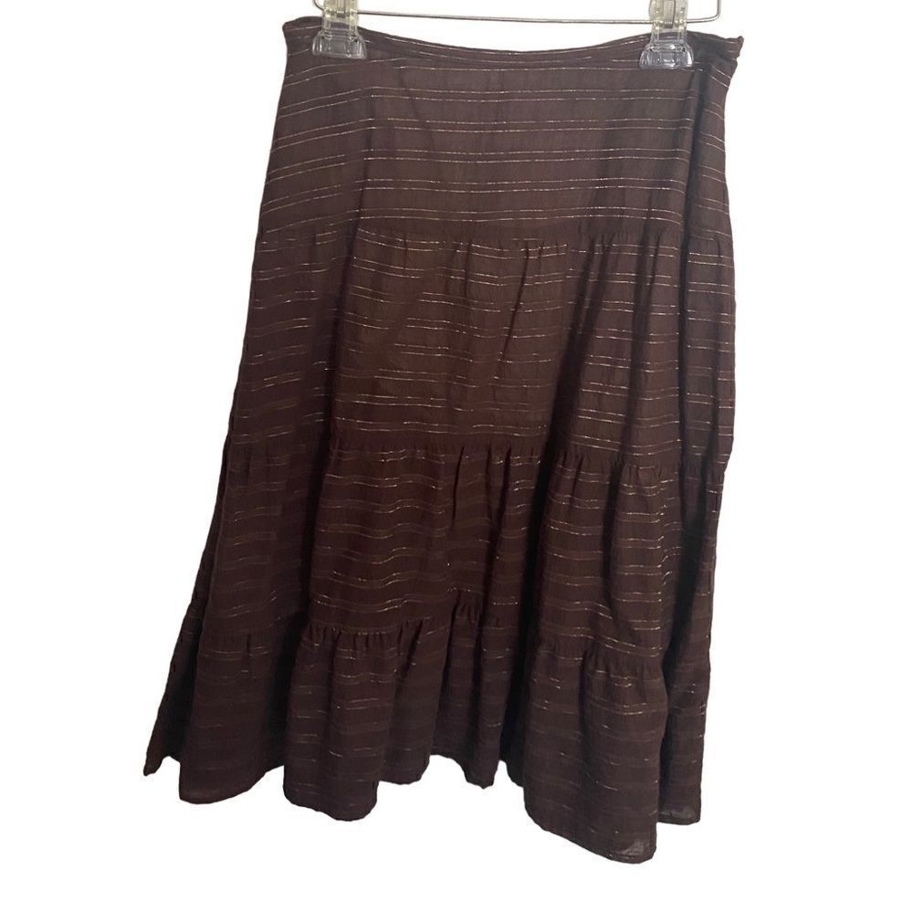Women’s brown and gold metallic thread, three tiered back zip skirt size med